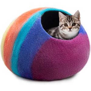 Woolygon Premium Felt Cat Cave Bed Wool Kitty Beds Handcrafted Kitten Caves Bed for Indoor Cats - Made from Merino Wool, Foldable Cat Hideaway Covered Cat House Pod (Rainbow Twist)
