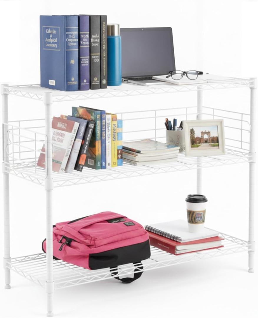 White Desk Hutch for Dorm 2 Tier Desktop Hutch Bookshelf Carbon Steel Metal Shelf Bookcase for Top of Desk Countertop Storage Organizer for University College Dorm Office 36 x 28 x 12 Inch