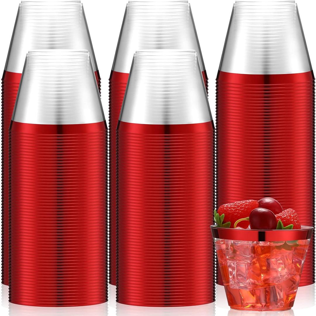 Lounsweer 100 Pcs 9oz Rimmed Plastic Cups Christmas Clear Cocktail Cups Heavy Duty Disposable Wine Glasses for Birthday Bridal Shower Baby Shower Holiday Celebrations(Red)