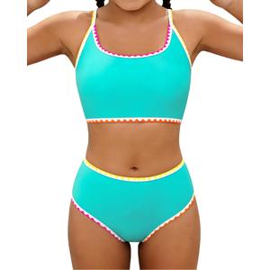 XUNYU Teen Girls Swimsuit 2 Piece Bathing Suit Tummy Control Girls' Swimwear High Waisted Bikini Sets Cute Floral Swim Suits