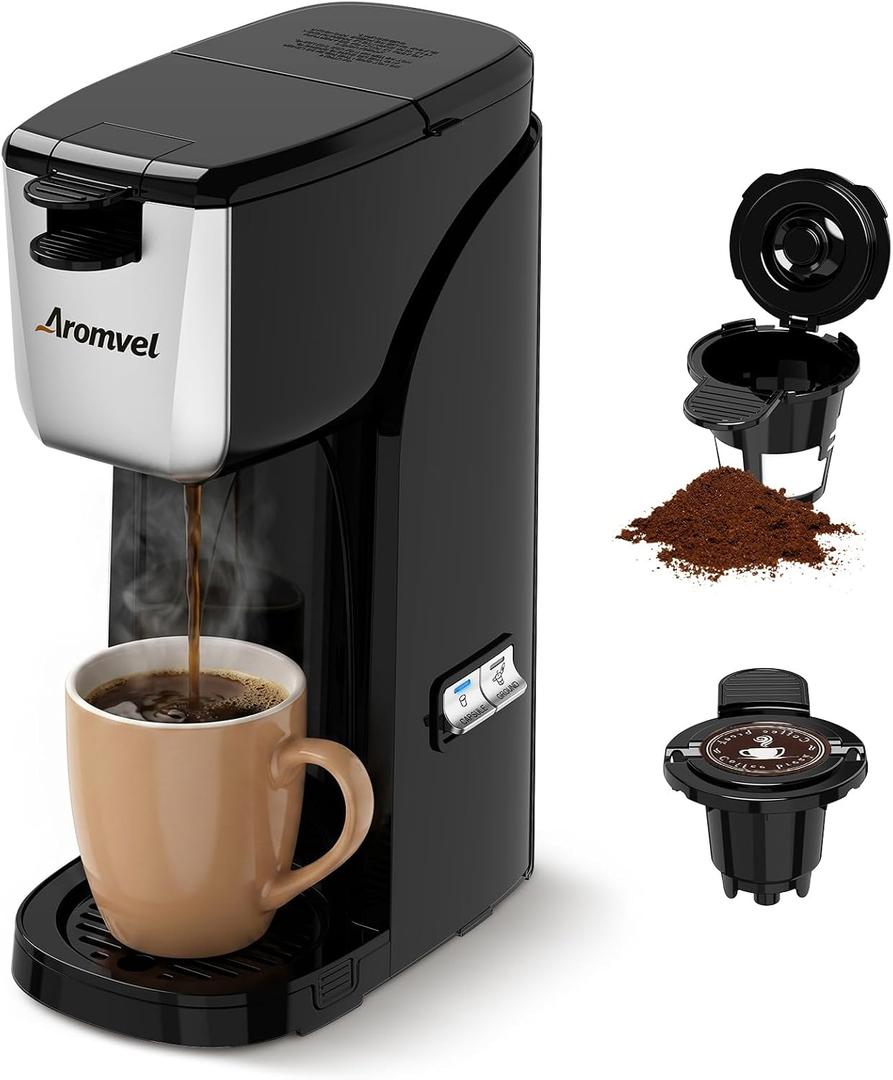 2-in-1 Single Serve Coffee Maker for K Cup Pods & Ground Coffee, 6 to 14 oz Brew Sizes, Compact Small Brewer with Dual Buttons, Adjustable Drip Tray for Travel Mugs, Silver