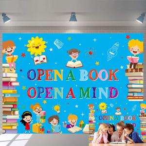 Reading Themed Backdrop Open a Book Open a Mind Background World Book Day Children Students Classroom Party Decorations Library Elementary Banner Photo Booth Props (8x6FT)