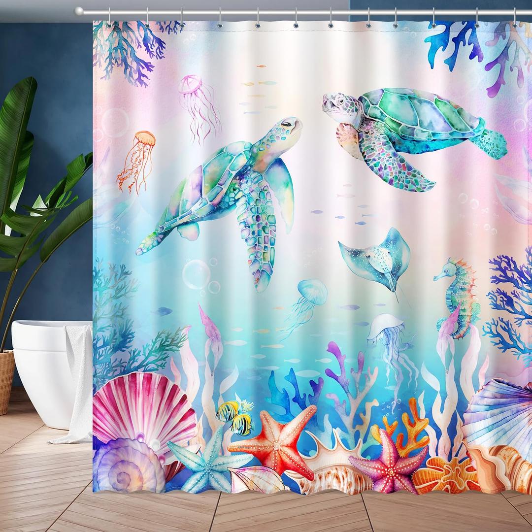 Colorful Sea Turtles Shower Curtain, Ocean Nautical Bathroom Shower Curtain Decorative Set, Waterproof Polyester Fabric Bath Curtain with 12 Hooks 72x72 inches
