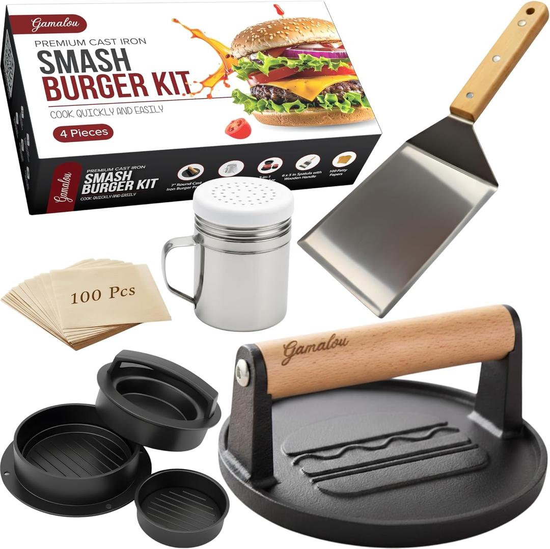 Gamalou Smash Burger Press Kit: 7 Cast Iron Flat Press, 3-in-1 Hamburger Maker, 6x5 Spatula, Dredge Shaker & 100 Patty Papers for BBQ, Blackstone Griddle, Flat Top, Grill & Frying Pan (Essential)