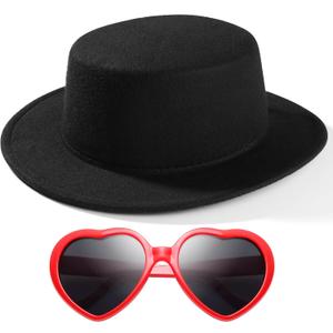 Fashion Classic Black Fedora Hats + Red Heart Sunglasses Costume Outfit - Flat Wide Brim Church Cap Jazz Hats, for Women and Men