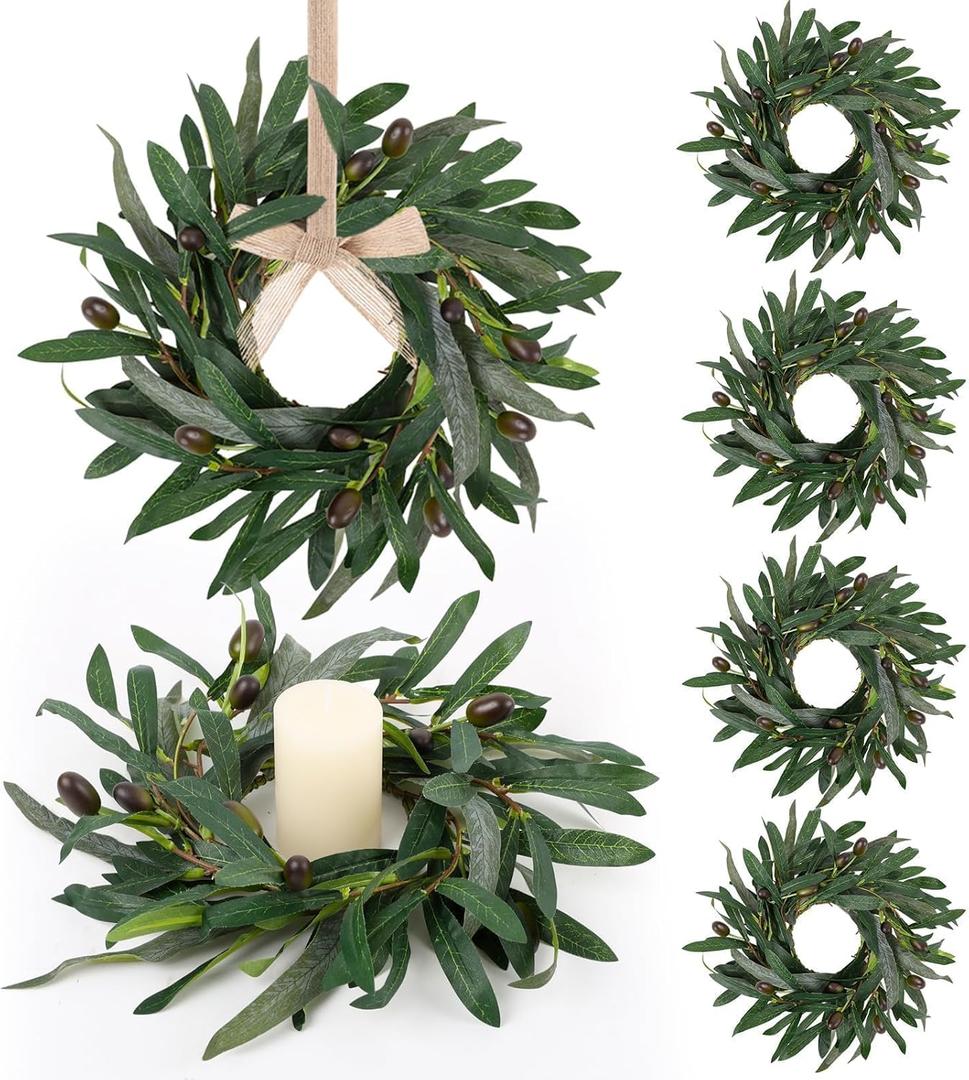 6 Pcs Artificial Spring Olive Candle Rings Wreaths Greenery Wreath with Olive Leaves Spring Summer Kitchen Cabinet Wreath for Pillars Farmhouse Festival Wedding Celebrations Tabletop Decoration