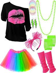Blulu 80s Outfit Costume Accessories for Women Neon T Shirt Tutu Skirt for Party Large