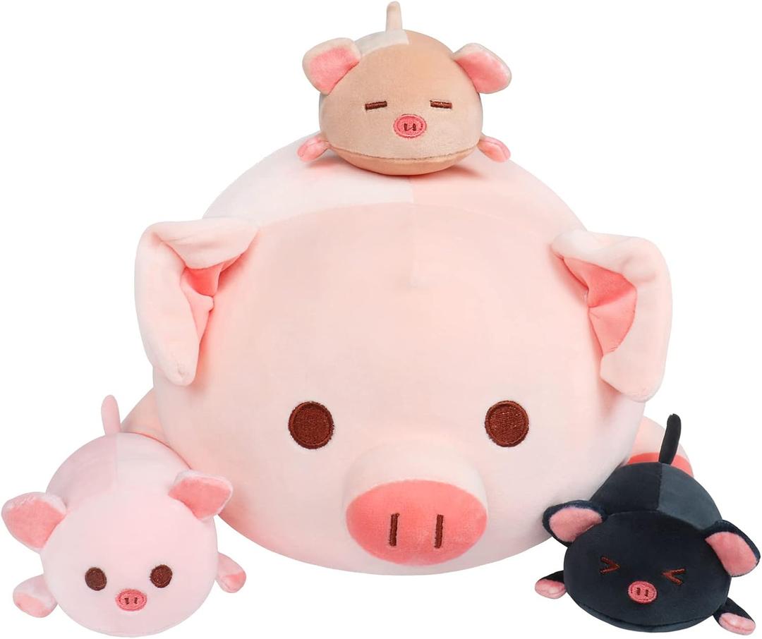 Achwishap Pig Stuffed Animal Mommy 19.6 with 3 Pig Babies Plush,4 PCS Cute Pig Plushie Pillow,Kawaii Plush Toys Soft Hugging Pillow for Kids Girls Boys Birthday Gifts for Valentines(Pink Pig Family)