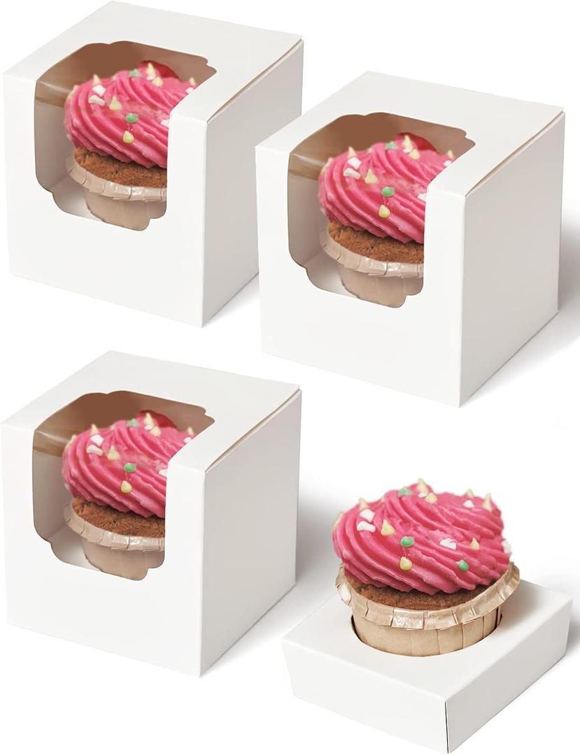 Cupcake Boxes 50 Pcs White Individual Cupcake Box, Single Container Cardboard Holders with Insert and Window for Muffins Cocoa Bombs Packaging Togo Boxes for Birthdays Showers Party Favors