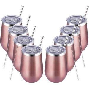 MEWAY 12oz Stainless Steel Wine Tumbler with Lid and Straw - Double Wall Stainless Steel Coffee Mug, Gift for Woman Under 10 dollars 8 Pack Bulk tumblers(Rose Gold,Set of 8)