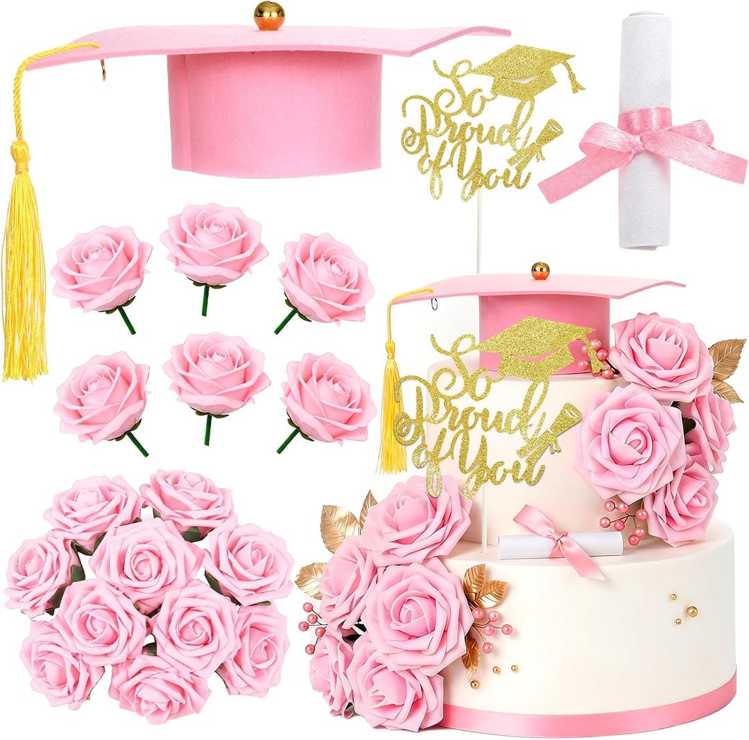 Graduation Cake Kit Included Felt Grad Cap with Tassel Pink Flower Grad Cake Toppers Graduations Party Supplies So Proud of You Cupcake Topper for Congrats Senior High School College Party Decor(Pink)