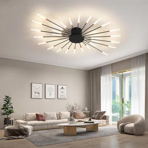 Ceiling Light Modern Flower Shape Ceiling Lamp for Dining Room Kitchen Hallway Flush Mount Metal Acrylic Sputnik Firework Petal LED Lighting Fixture (Matte Black, 28 Lights)