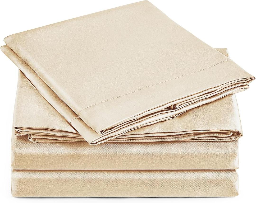 Love's cabin Full Size Satin Sheet Sets - 4 Piece Beige Silky Sheet Set with Deep Pocket, Luxury Silk Feel Satin Sheets Full Bedding Set (1 Flat Sheet,1 Fitted Sheet,2 Pillow Cases)