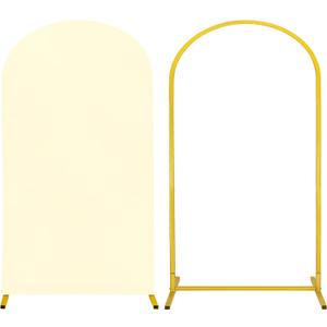 Metal Arch Stand and Cover Set,1 Ivory Spandex Fitted Backdrop with 1 Gold Wedding Arched Stand Frame for Parties Birthday Baby Shower Bridal Banquet Decoration (7.2FT)