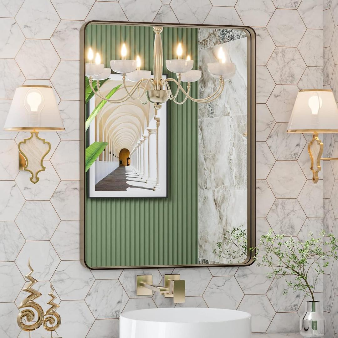 LOAAO 20X30 Bronze Bathroom Mirrors for Vanity, Rounded Rectangle Brushed Bronze Metal Frame Mirror, Anti-Rust, Hangs Horizontally or Vertically