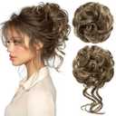 CJL HAIR 2PCS Messy Bun Hair Pieces Wavy Curly Synthetic Updo Chignon Fake Scrunchies Ponytail Extension for Women Brunette/Ash Blonde
