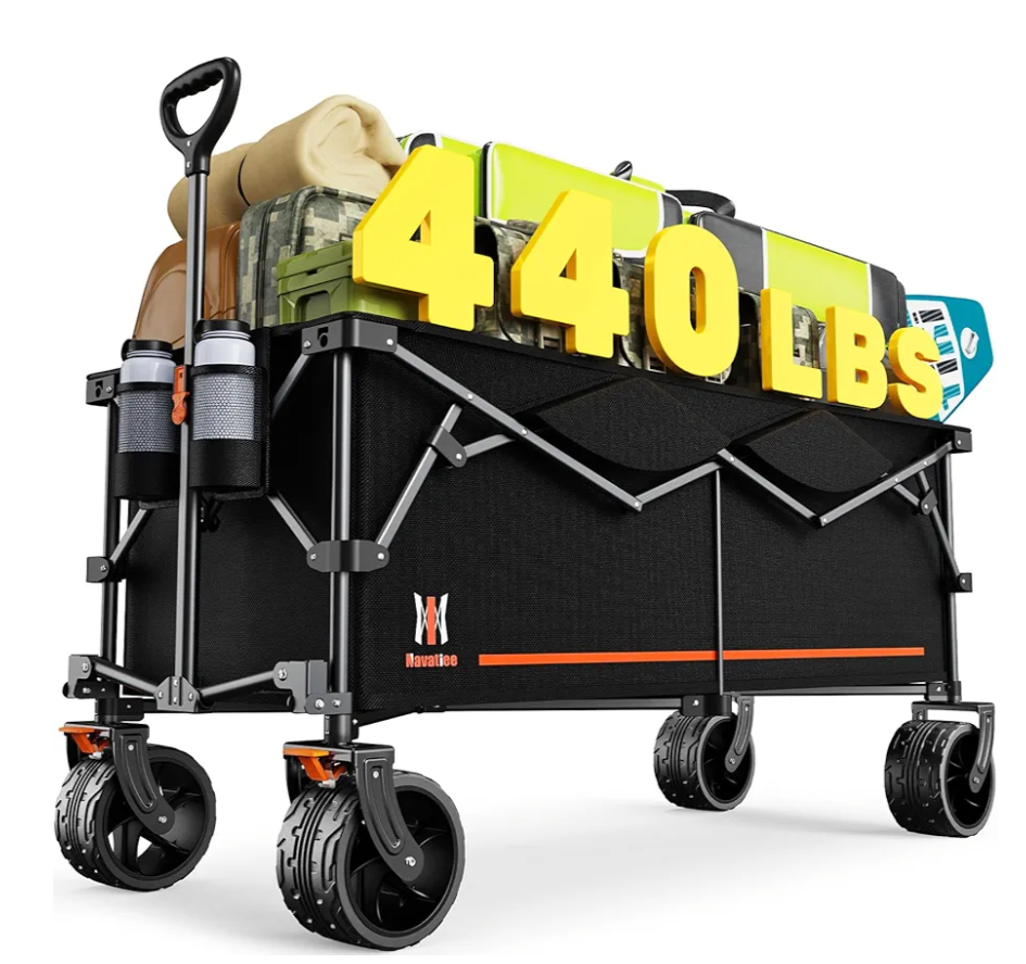 Navatiee 300L Extra Large Collapsible Wagon Cart Foldable, 48''L Extended Heavy Duty Folding Beach Wagon with 440LBS Weight Capacity and Big Wheels, Utility Garden Cart for Sports Camping