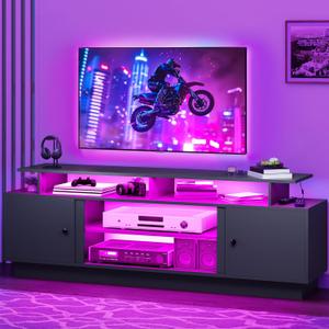 DWVO Modern TV Stand for 75 Inch TVs, Entertainment Center with LED Lights, TV Console with Storage Cabinets & Movable Partition for Living Room, Black