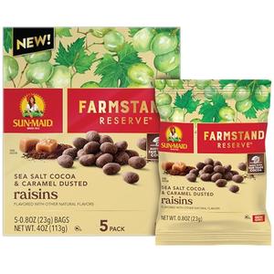 Pack of 4, Sun-Maid Farmstand Reserve Sea Salt Cocoa & Caramel Dusted Raisins - (5 Pack) 0.8 oz Snack Bag - Cocoa Covered Fruit Snack, BB Date 12 JUL 2025