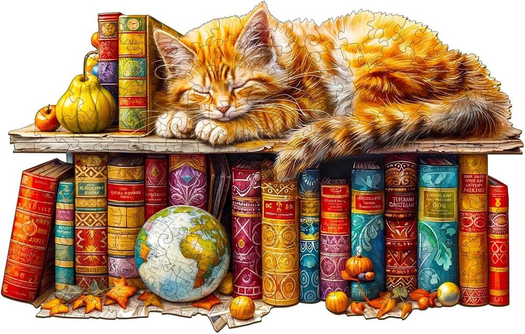 Wooden Puzzles for Adults, Dreamy Tabby Cat Wooden Jigsaw Puzzles for Adults, Library Kitten Wood Puzzles Adult, Unique Animal Shape, Gifts for Cat Lovers & Friends, Home Decor (L-13.4 * 8.5in-235pcs)