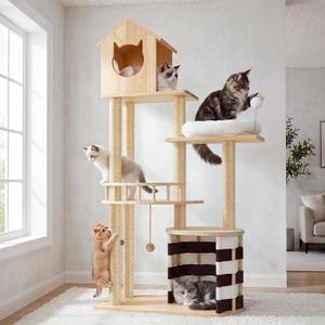 YITAHOME Stable Pine Wood Cat Tree, Multi-Level Cat Tower with Cat House, Observation Perches, Sisal Scratching Posts & 2 Interactive Sisal Balls, Cat Furniture