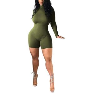 Women's Long Sleeve One Piece Bodycon Short Pants Jumpsuits Rompers High Neck Sexy Bodysuits (Large, Army Green)