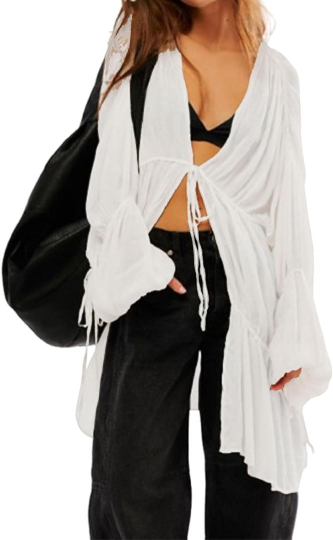 Summer Beach Cover Up Ruched Bell Sleeve Tops Women Bow Tie Front V Neck Shirt (White) L