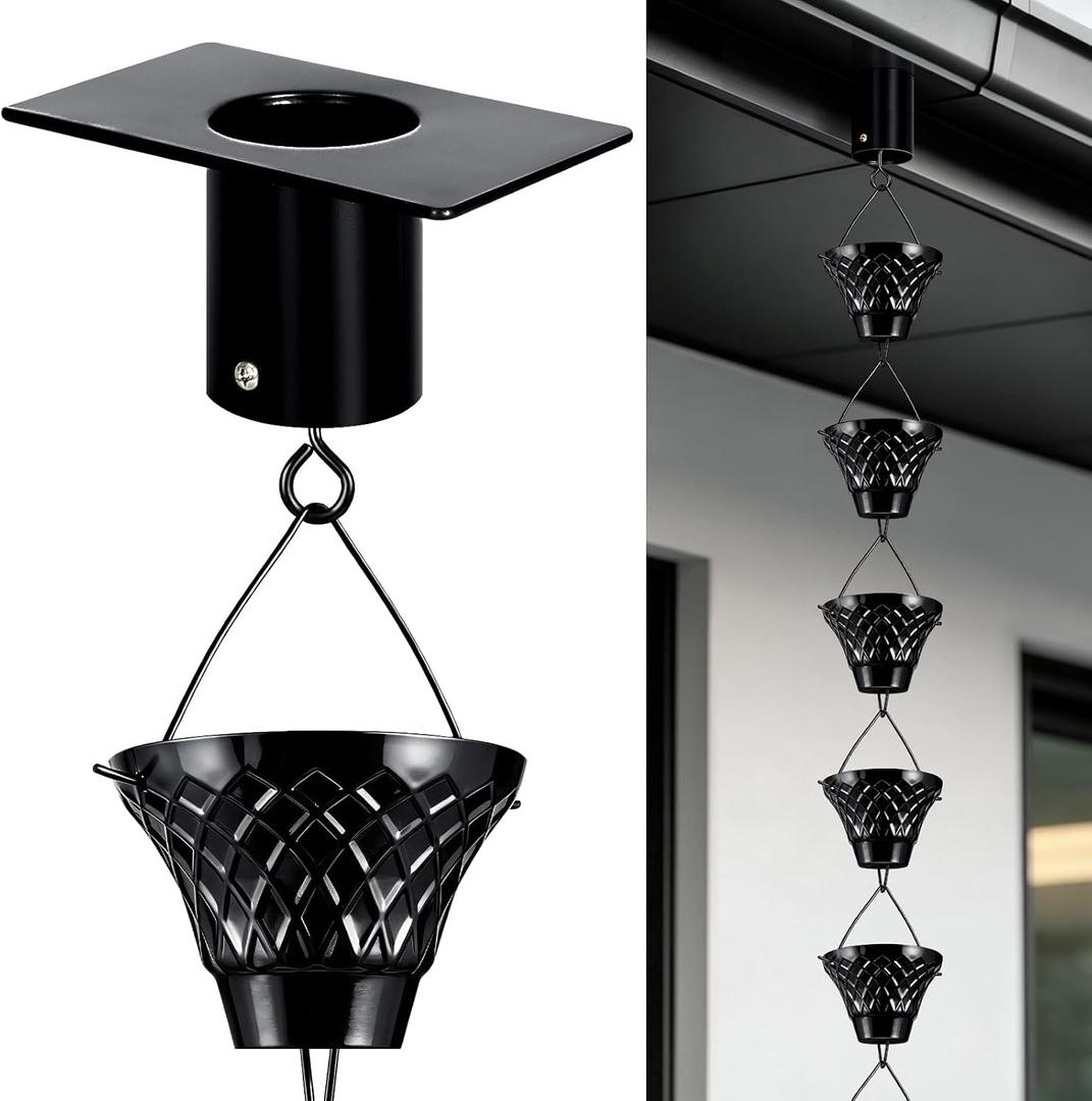 8.5 FT Black Rain Chain with Adapter for Gutters Downspouts Outside | 16 Cups, Large Opening to Avoid Splashing, Easy to Assemble, Beautiful Decorative Home Decor Design