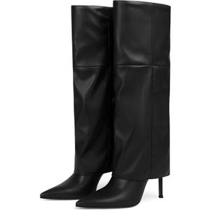 Oiamenne Women's Fold Over Boots Knee High Boots for Women Pointed Toe Stiletto Heel Long Boots Sexy Tall Boots Slip On Fall Winter boots (us size 9)