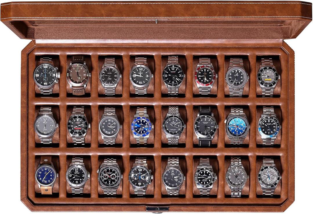 ROTHWELL 24 Slot Watch Case with Lock Luxury Watch Box to Display and Organize Your Collection | Real Glass Top | Premium Storage for Collectors (Tan/Brown)