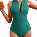 Charmo Scalloped Ribbed One Piece Swimsuit Zipper Racerback Bathing Suit Athletic Swimwear, Size M, Teal