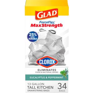 Glad ForceFlex MaxStrength with Clorox Trash Bags, 13 Gal, Eucalyptus, 34 Ct (Package May Vary)