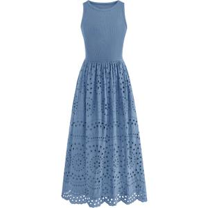 dowerme Women Summer Dresses 2026 Casual Sleeveless Crewneck A-Line Boho Lace Eyelet Cotton Tank Maxi Dress with Pockets M