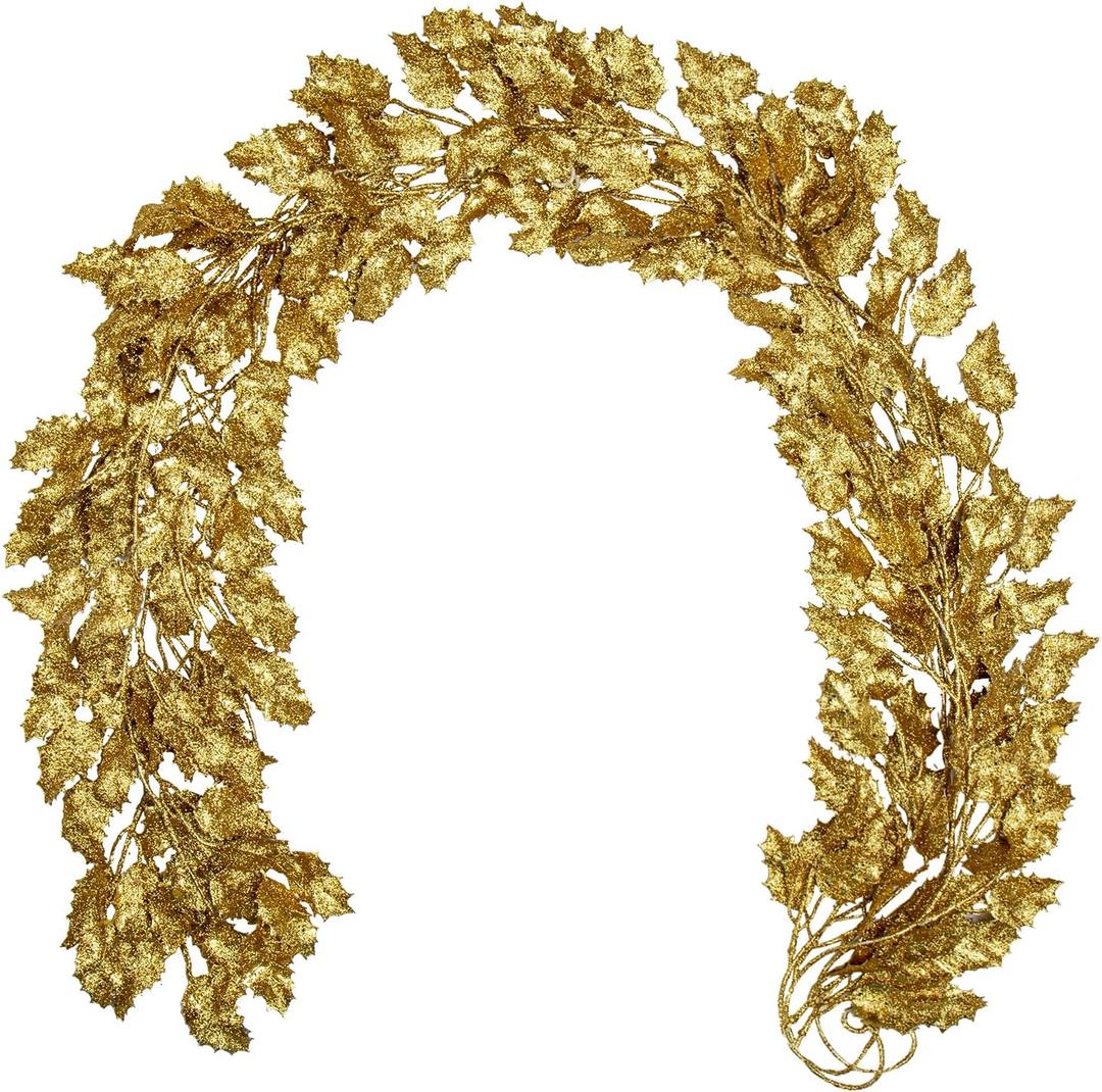 3 Pcs 6FT Christmas Garland Gold Glittered Artificial Holly Leaves for Christmas Tree Decorations Indoor Outdoor Hanging Garland Ornaments Home Decor Garden Door Wall Window Stair Holiday Decoration