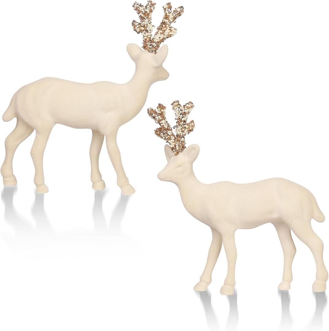 SY Super Bang 2PCS Velvet Reindeer Christmas Decorations, Beige Flocking Deer Figurine Statue Table Decorations, for Home Holiday Xmas Gift Party Decor.