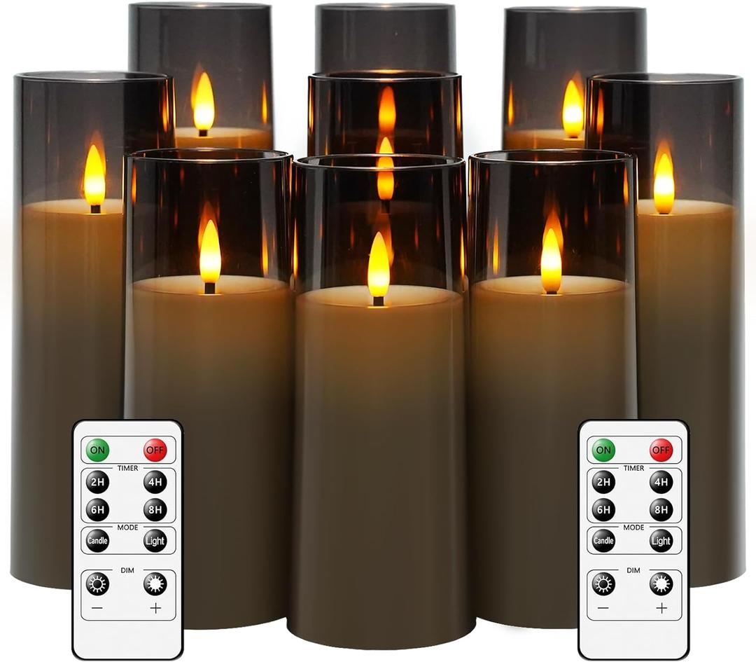 Flickering Flameless Candles Battery Operated with Remote and 2/4/6/8 H Timer Plexiglass Led Pillar Candles Pack of 9 (D2.3 xH5.5 6.5" 7.5") with Realistic 3D Wick Candles for Home Decor(Grey)