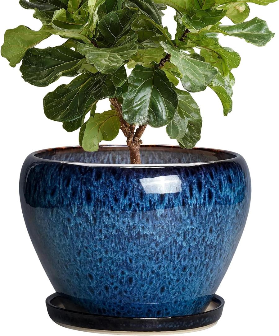 10 Inch Plant Pot - Ceramic Planter with Drainage Hole and Plant Saucer, Round Planter Indoor Outdoor, Modern Planters, Large Flower Pot, Home Room Office Decor, Housewarming Gifts, Blue