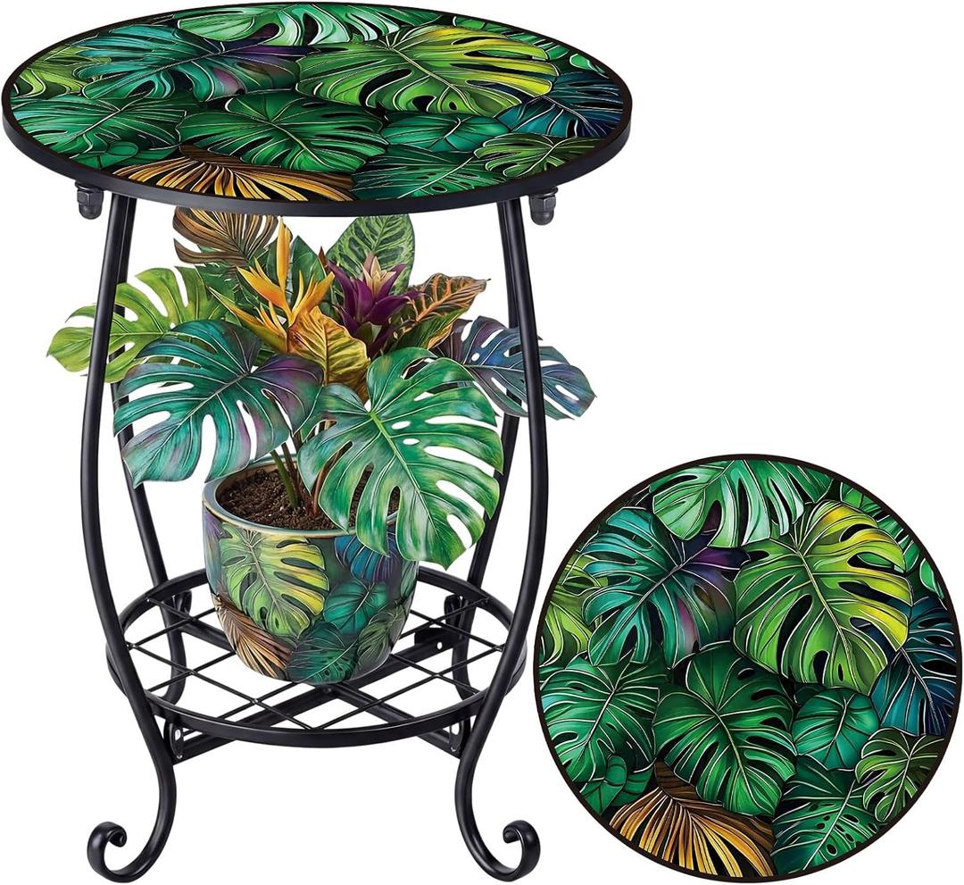 Outdoor Side Table Round Small Mosaic Patio Accent Indoor End Plant Coffee Tea Table for Yard Patio Porch Garden Living Room, Bedroom (Monster Leaf Style,16 Inch)