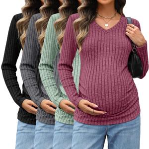 4 Pack Maternity Shirts V Neck Long Sleeve Pregnancy Clothes Ribbed Fit Women's Sweaters Winter Mama's Thermal Top (Large, Fuchsia, Green, Dark Gray, Black)