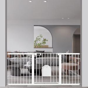 Extra Wide Baby Gate with Cat Door - Walk Through Small Pet Door Safety Gate for Stair Kitchen - Pressure Mounted No Drill 73.62"-76.38" Wide