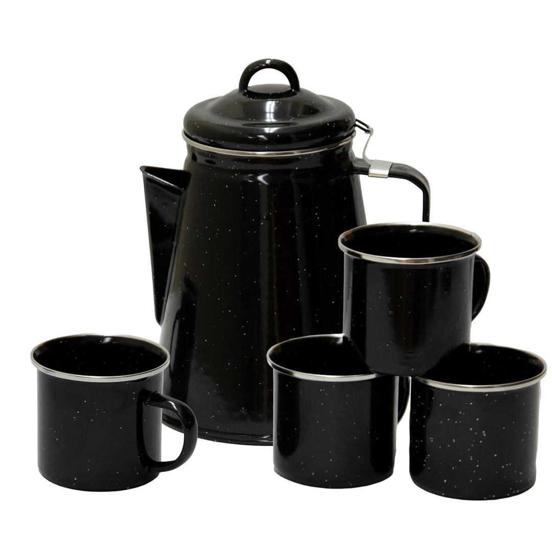 Stansport Enamel 8-Cup Percolator Coffee Pot and 4-Mug Set - Heavy-Duty Campfire Coffee Maker with 12oz Mugs - Percolator Stem Included - Double Baked Enamelware for Camping, Hiking, RV & Cabin (Black)