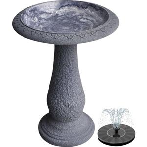 Pedestal Birdbath with Solar Fountain, Resin Stone Composite Outdoor Garden Decor, Standing Bird Bath for Outside Patio Yard, 23-Inch Tall, Garden Fountain, Resin Bird Baths, Hummingbird Bowl