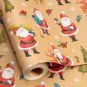 Retrify Kraft Christmas Wrapping Paper Roll - Laughing Santa Claus Carrying Green Trees Gift Wrap Paper for Holiday DIY Craft Decoration - 17 Inch x 32.8 Feet - Mini Roll (Brown Santa,Deer)