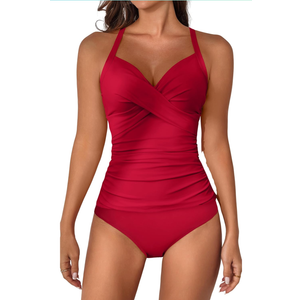 B2prity Women's Ruched Tankini Swimsuits V Neck Wrap Tie Back Two Pieces Bathing Suit Tummy Control Swimwear, M