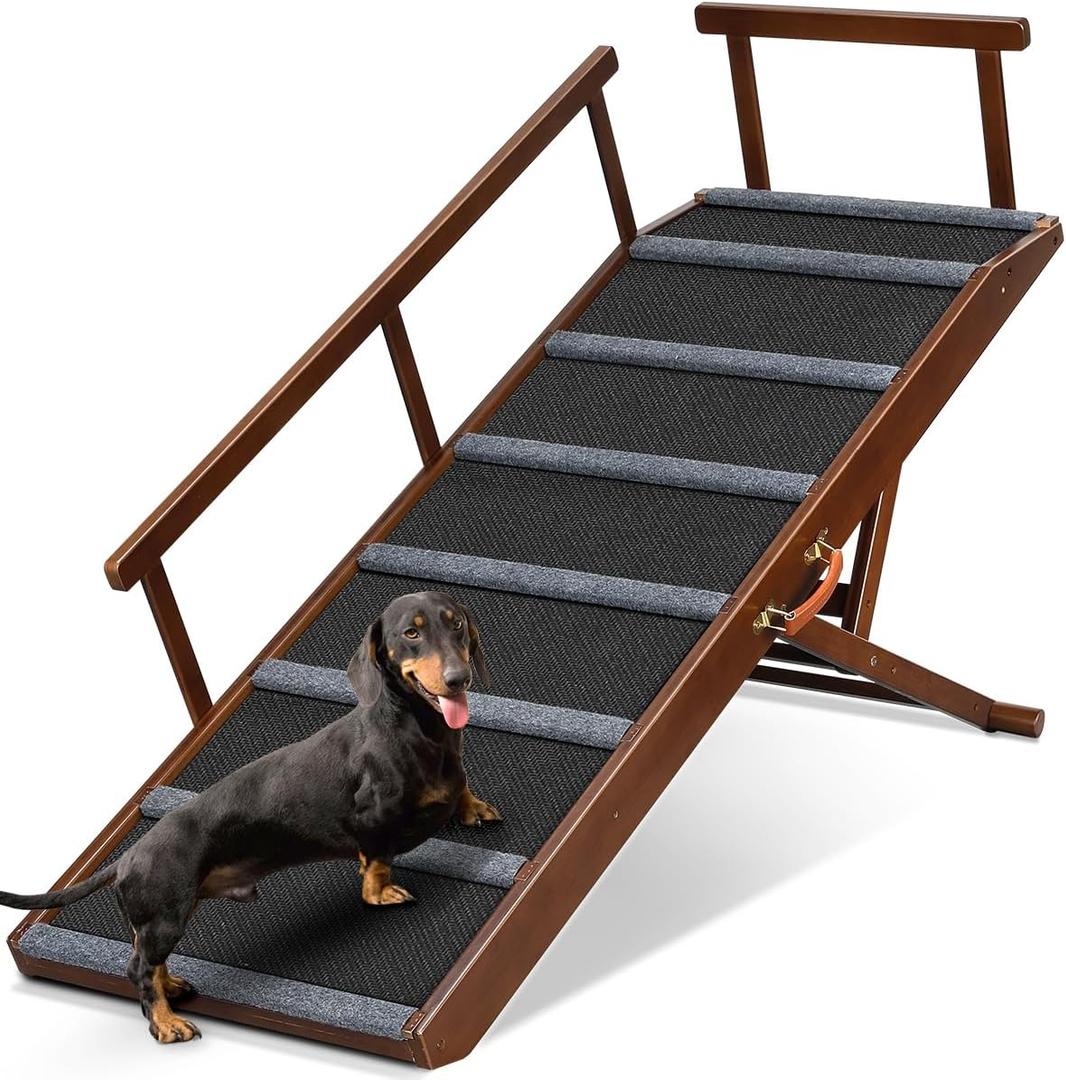 XL Dog Ramp for Bed - 18” Wide, Side Rail, Non-Slip Rubber Surface 47.24" Long, 6 Adjustable Heights, Gentle Slope, Foldable Pet Ramp for Small Large Senior Dogs to Get on High Couch/Car, Holds 200lb