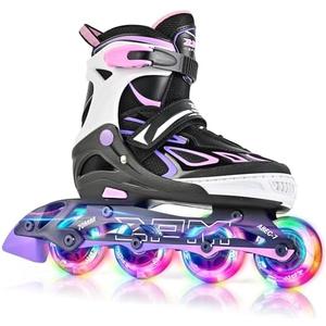 2PM SPORTS Vinal Girls Adjustable Flashing Inline Skates, All Wheels Light Up, Fun Illuminating Skates for Kids Men Adult Women and Boys 6