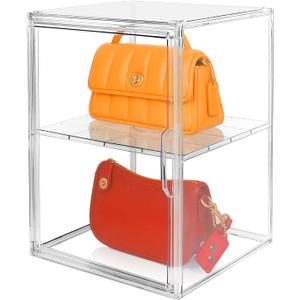 1 Pack XX-Large Clear Stackable Storage Bins with Magnetic Lid Handbag Display Case for Closet 2-Tier Acrylic Purse Organizer Dustproof Luxury Bag Container Box for Cosmetics Figures Makeup