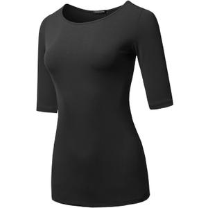 SSOULM Women's 1/2 Sleeve T-Shirt - Slim Fit Stretchy Crewneck Top, Medium 
