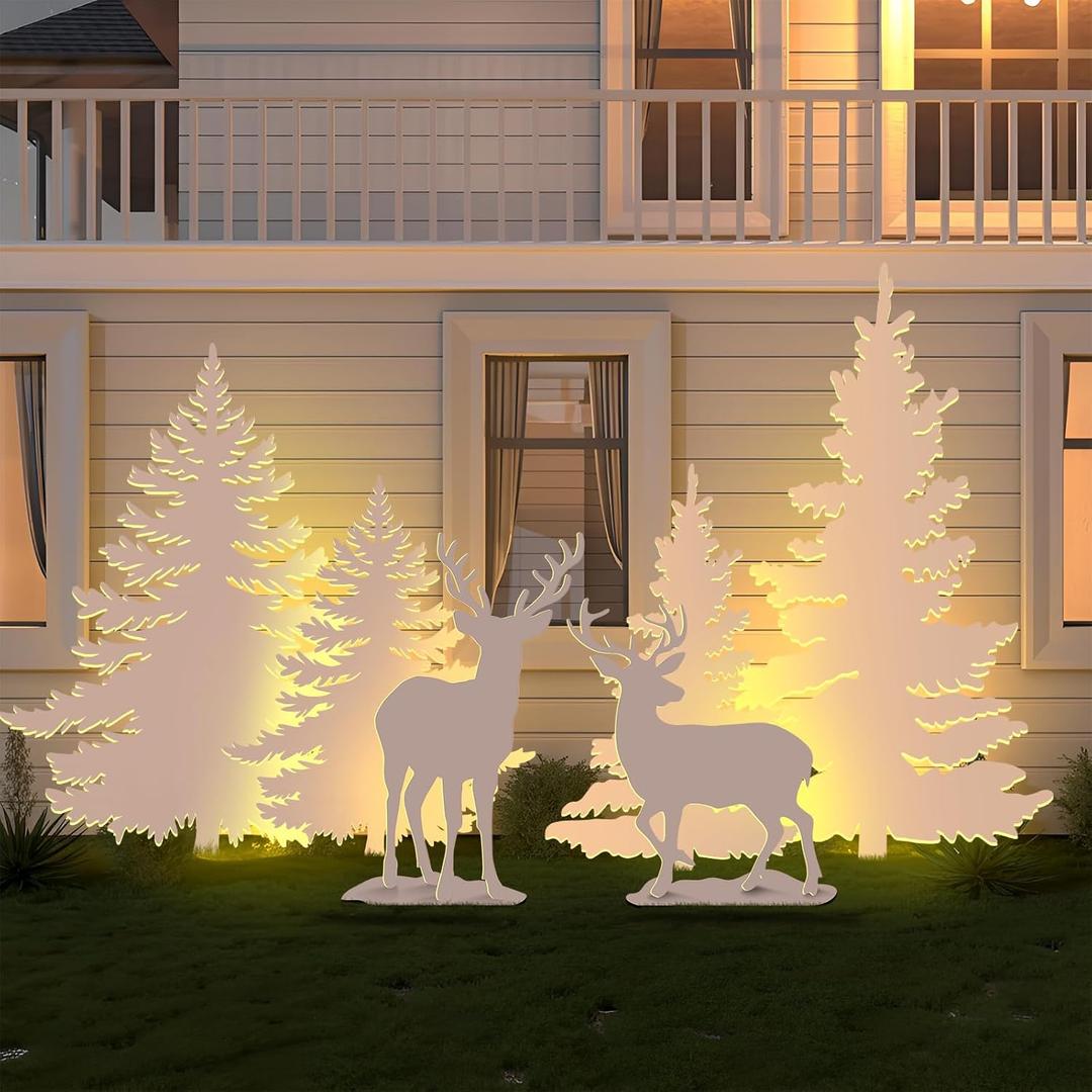 DIY 3-5 ft Christmas Tree Deer Family Silhouette Sticker Set Decoration for Wooden PP Board Cutting Tracing for Holiday Outdoor Indoor Lawn Patio Pathway Garden(4 ft,Reindeer)
