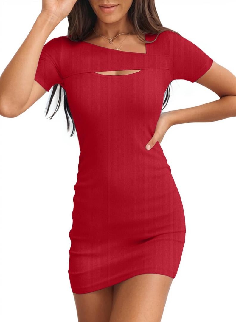 Valiamcep Women's Summer Mini Dress Short Sleeve Square Neck Cut Out Sexy Ribbed Knit Fitted Casual Pencil Bodycon Dresses (Medium)